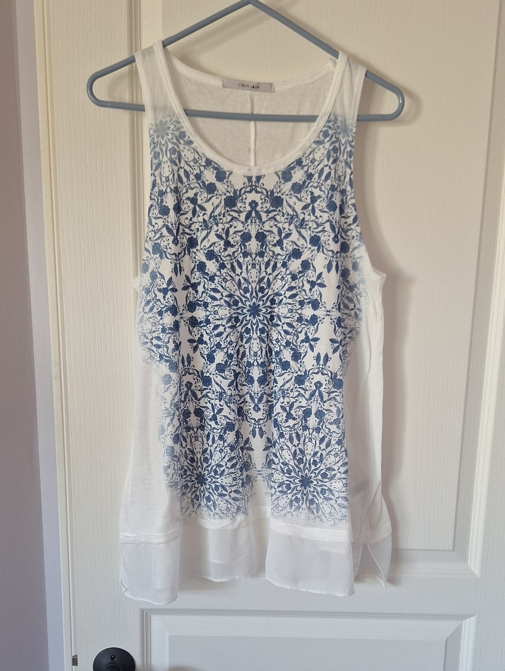 White Tank with Blue Floral Medallion Print and Sheer Hem